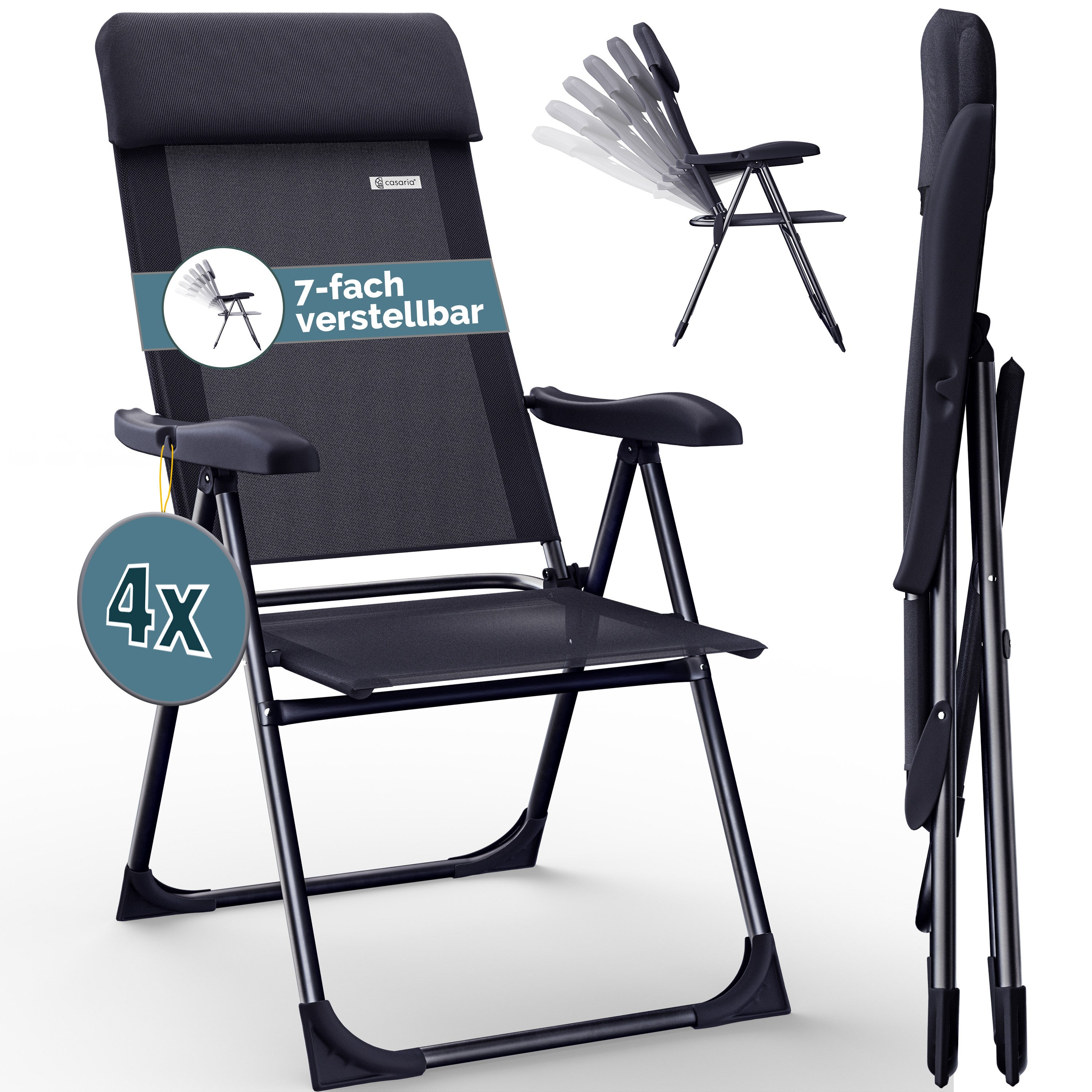 CASARIA® Sillas de Jardín Juego de 4 Plegables Ajustables en 7 Direcciones de Aluminio con Respaldo Alto Función Reclinable Silla de Camping Plegable para Balcón Silla Plegable Respaldo Alto