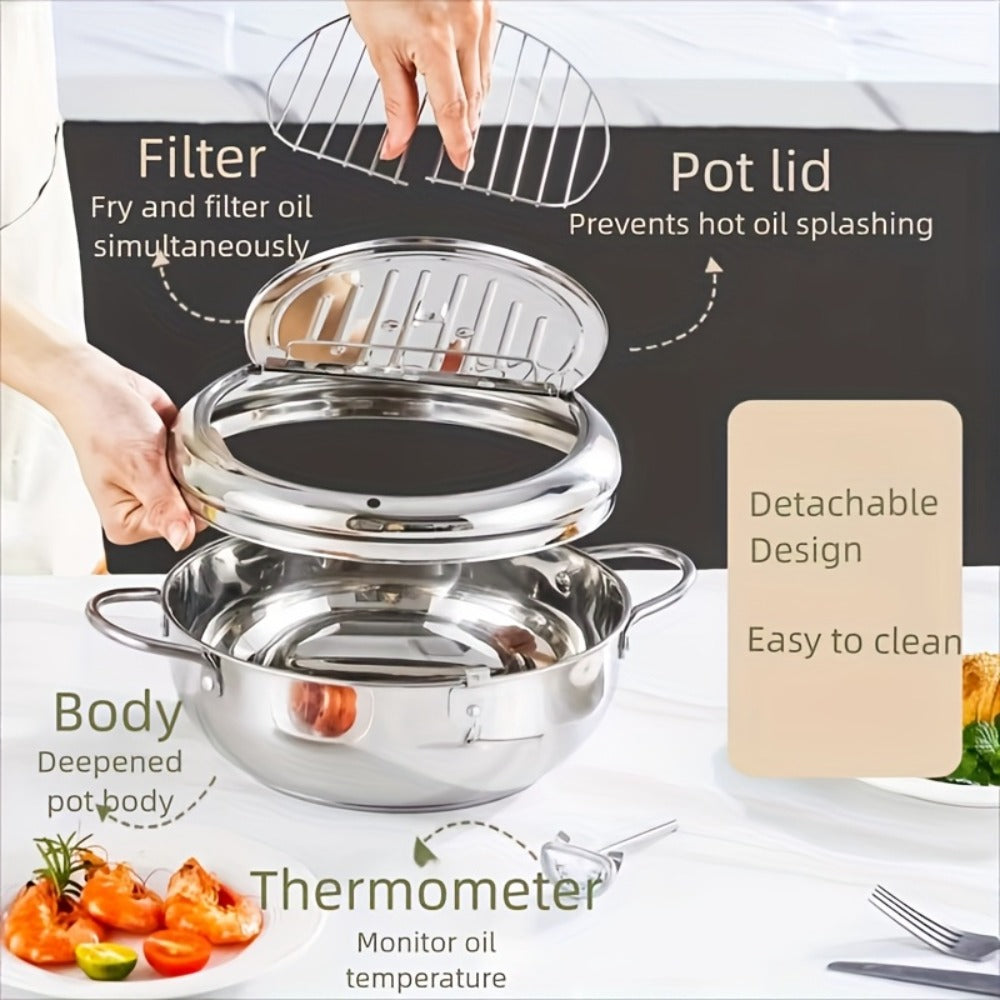 Olla freidora de acero inoxidable con tapa, sartén para freír profunda que ahorra aceite con termómetro, utilizada para freír papas fritas, alitas de pollo y camarones, compatible con estufas de gas y placas de inducción, utensilios de cocina | Suministro