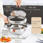 Olla freidora de acero inoxidable con tapa, sartén para freír profunda que ahorra aceite con termómetro, utilizada para freír papas fritas, alitas de pollo y camarones, compatible con estufas de gas y placas de inducción, utensilios de cocina | Suministro