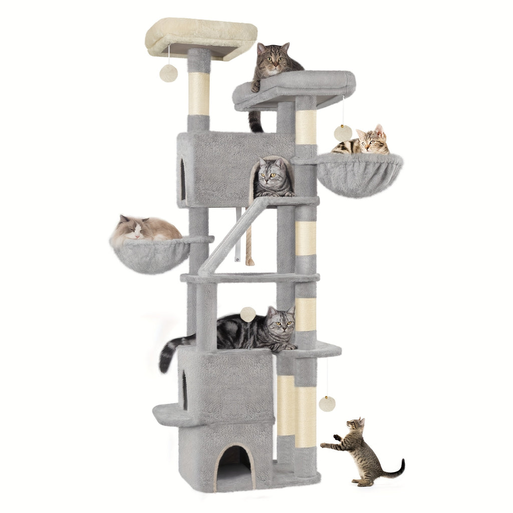 Árbol para Gatos de 185 cm, Torre Grande para Gatos de Interior, Mueble para Gatos con 2 Plataformas, 3 Condominios, 6 Postes para Rascar, 2 Cestas, Pompones y Cojín Lavable