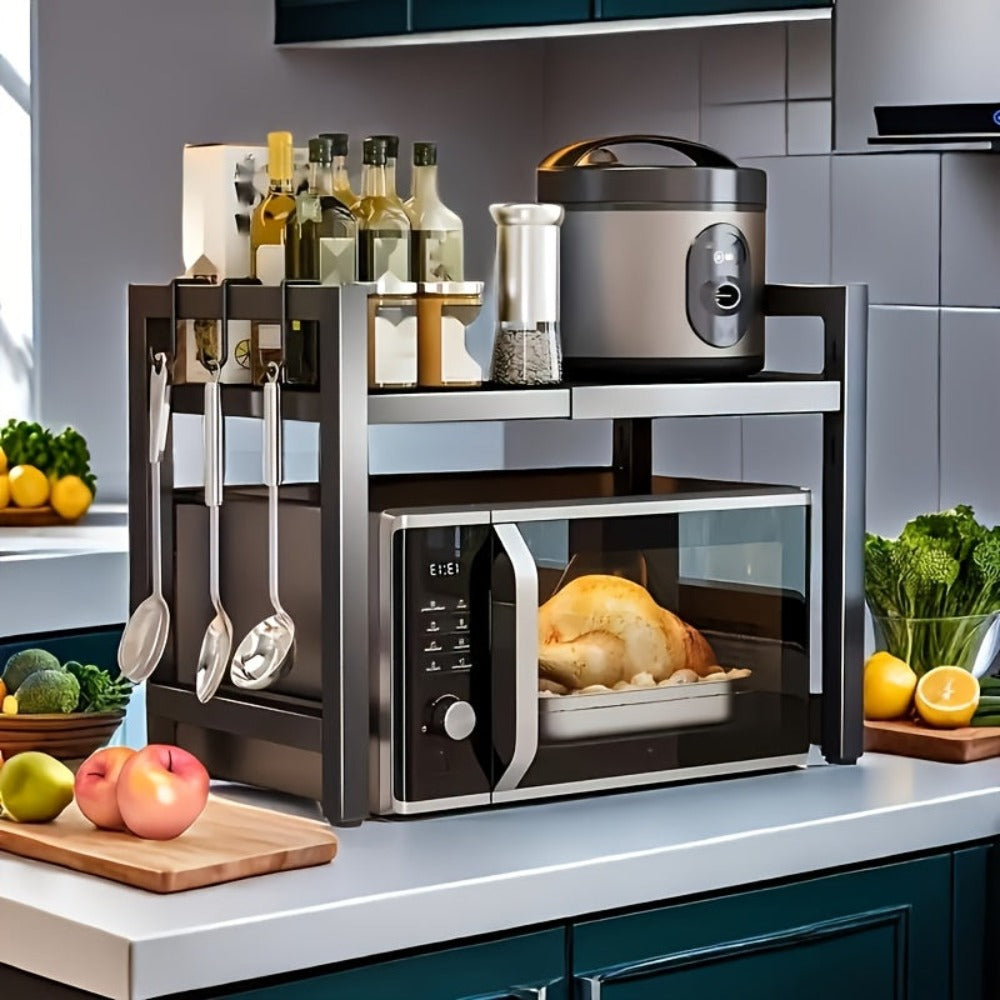 Estante de Cocina de 2 Niveles (Negro), Soporte de Encimera para Microondas, Estante de Cocina para Horno, Almacenamiento de Cocina, Extensible de 40 - 65 Cm, con 6 Ganchos, Crea un Espacio de Cocina Ordenado, Estante de Pie, Estante de Pie