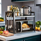 Estante de Cocina de 2 Niveles (Negro), Soporte de Encimera para Microondas, Estante de Cocina para Horno, Almacenamiento de Cocina, Extensible de 40 - 65 Cm, con 6 Ganchos, Crea un Espacio de Cocina Ordenado, Estante de Pie, Estante de Pie