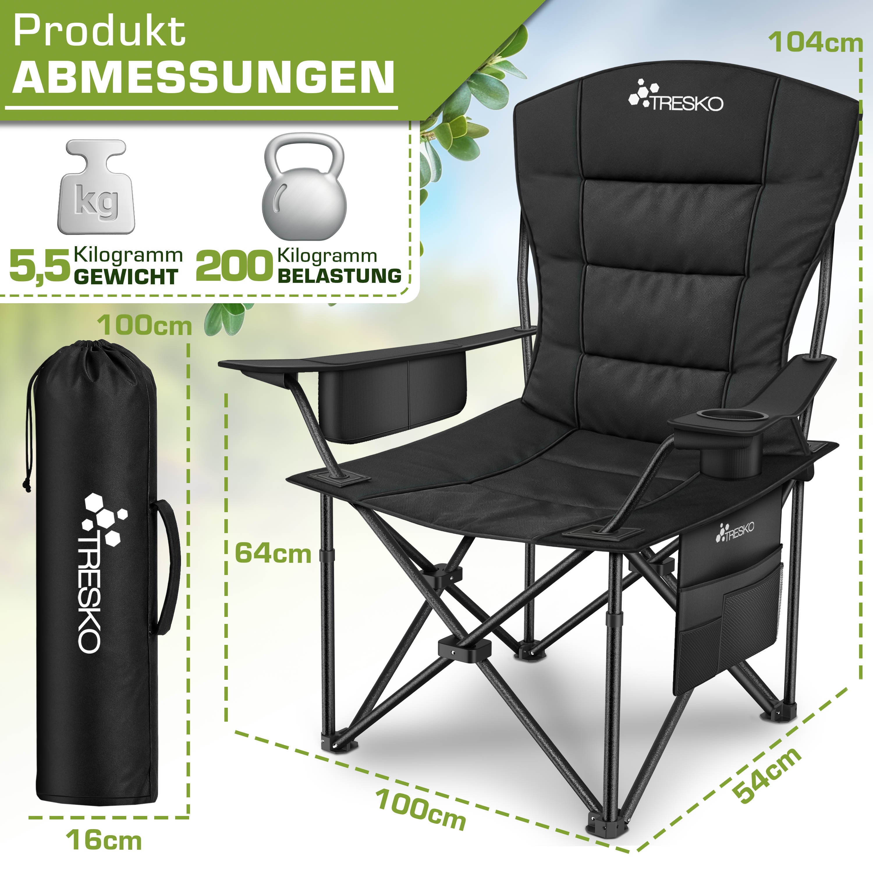 TRESKO® Silla de Camping Plegable hasta 200Kg | Silla Plegable con Bolsa Nevera, Portavasos y Bolsillo Lateral | Silla XXL Plegable Incluye Bolsa de Transporte | Silla de Pesca Acolchada para Exterior, Pesca, Festival y Jardín