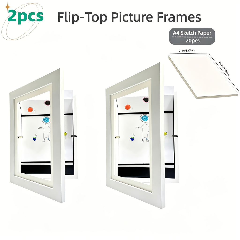 2 Piezas de Marcos con Tapa Abatible - Tamaño A4, Exhibición para Habitaciones Infantiles, Diseño para Decoración del Hogar, Capacidad para 150 Obras de Arte A4, Decoración Montable en Pared para Hogar y Oficina