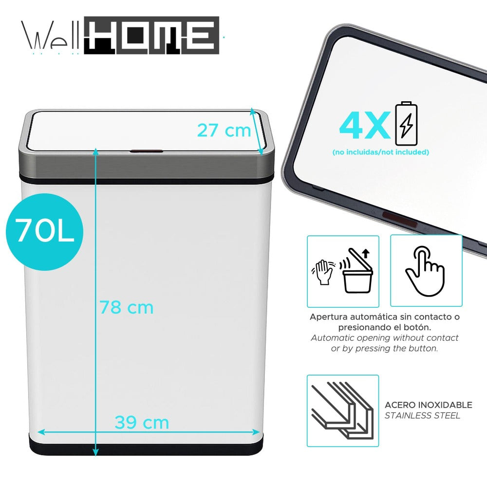 Well Home Cubo de Basura de 50-70L en Acero inoxidable con Sensor automático y Filtro antiolor Carbon Bins