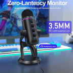 Micrófono Gaming Condensador USB Zealsound, Mic RGB Plug and Play con Reducción de Ruido, Control de Ganancia Silencio y Reverb, Jack de Monitor de 3.5 mm para PC, Teléfono, Transmisión en Vivo, Grabación de Podcast
