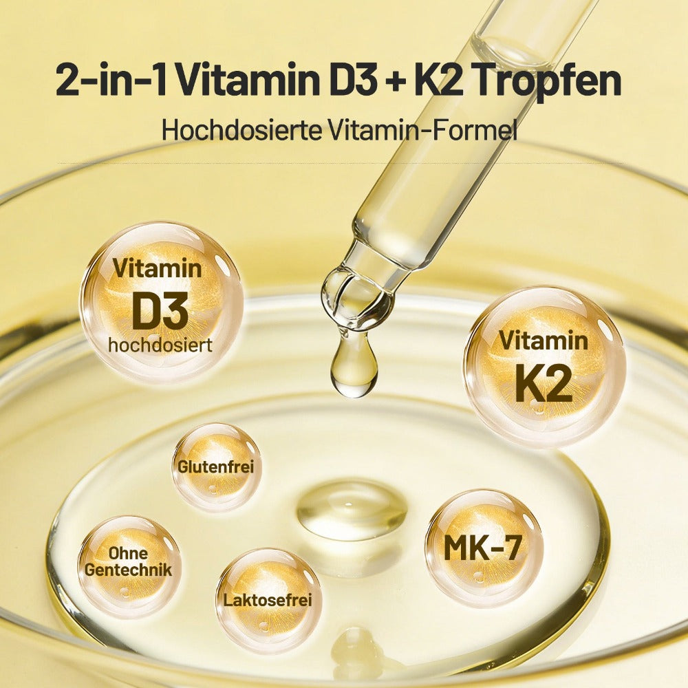 Gotas de Vitamina D3 K2 de Dosis Alta - 50 ml, 1000 IU de Vitamina D3 por Día por Gotita, Dosis Alta - Vegana, Sin Aditivos, Producido en Alemania.