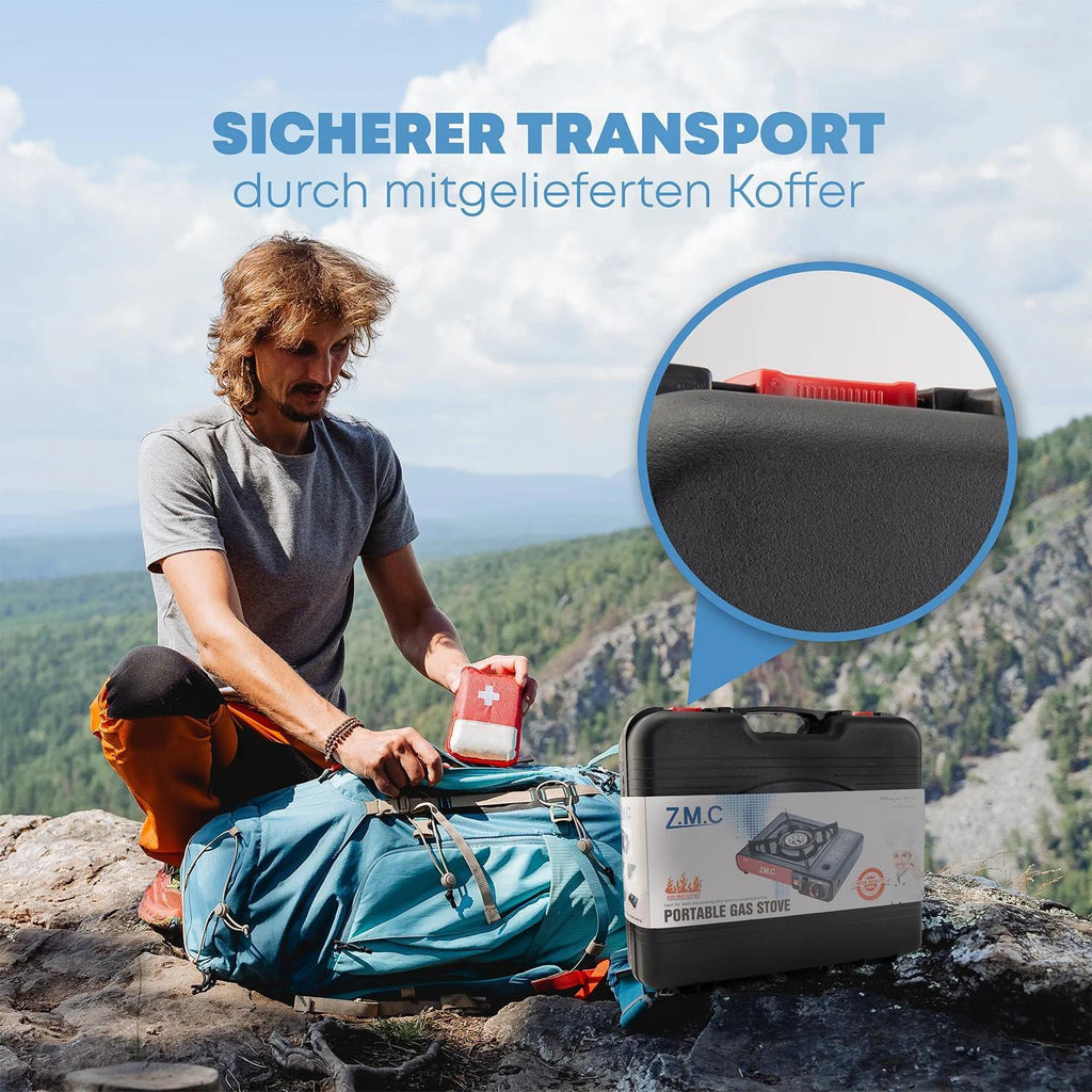ZMC Estufa de Camping de 1 Quemador 2.2 kW con Encendido Piezoeléctrico, Adaptador para GLP y Estuche de Transporte – Estufa Portátil de Acero Inoxidable para Camping, Exteriores, Jardín, Balcón y Cocina de Emergencia en Interiores | Diseño Robusto, Contr