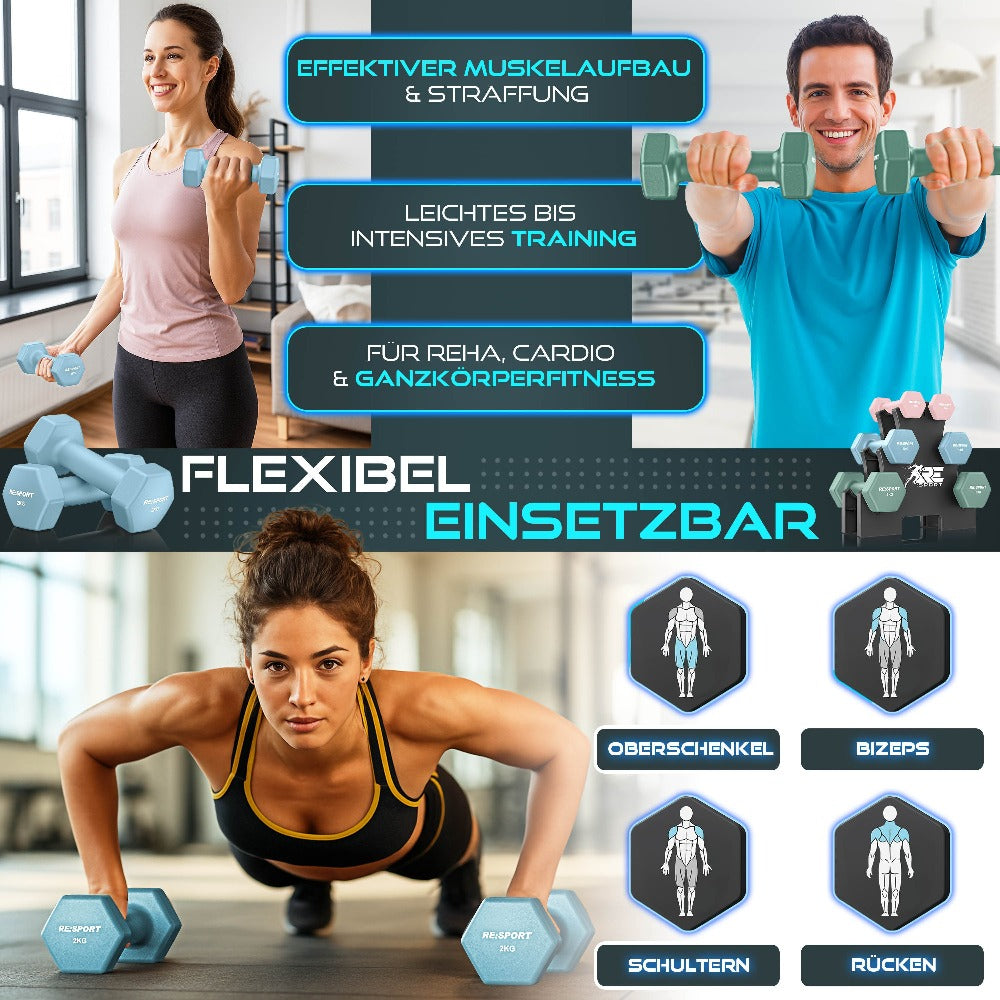RE:SPORT® Juego de Mancuernas 3 Pares, 1Kg - 5Kg, 12Kg o 18Kg con Soporte y 3 Bandas Elásticas Fitness | Mancuernas Cortas Antideslizantes de Neopreno para Mujeres y Hombres | Juego de Mancuernas