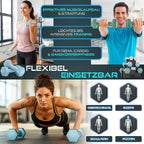 RE:SPORT® Juego de Mancuernas 3 Pares, 1Kg - 5Kg, 12Kg o 18Kg con Soporte y 3 Bandas Elásticas Fitness | Mancuernas Cortas Antideslizantes de Neopreno para Mujeres y Hombres | Juego de Mancuernas