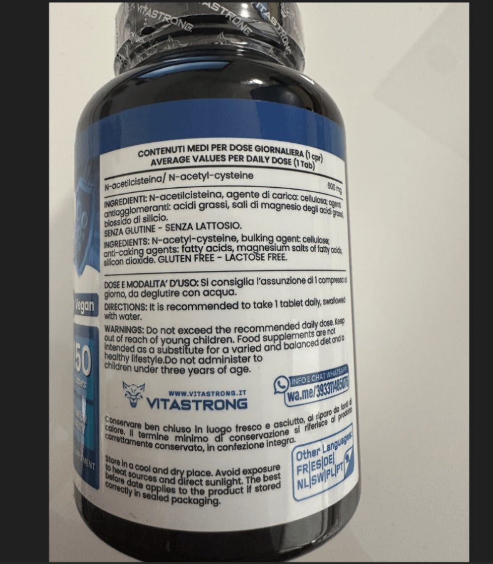 Vitastrong NAC 600 mg 150 comprimidos | Suplemento dietético con N-acetilcisteína de fermentación vegetal, fórmula vegana, 1 comprimido al día