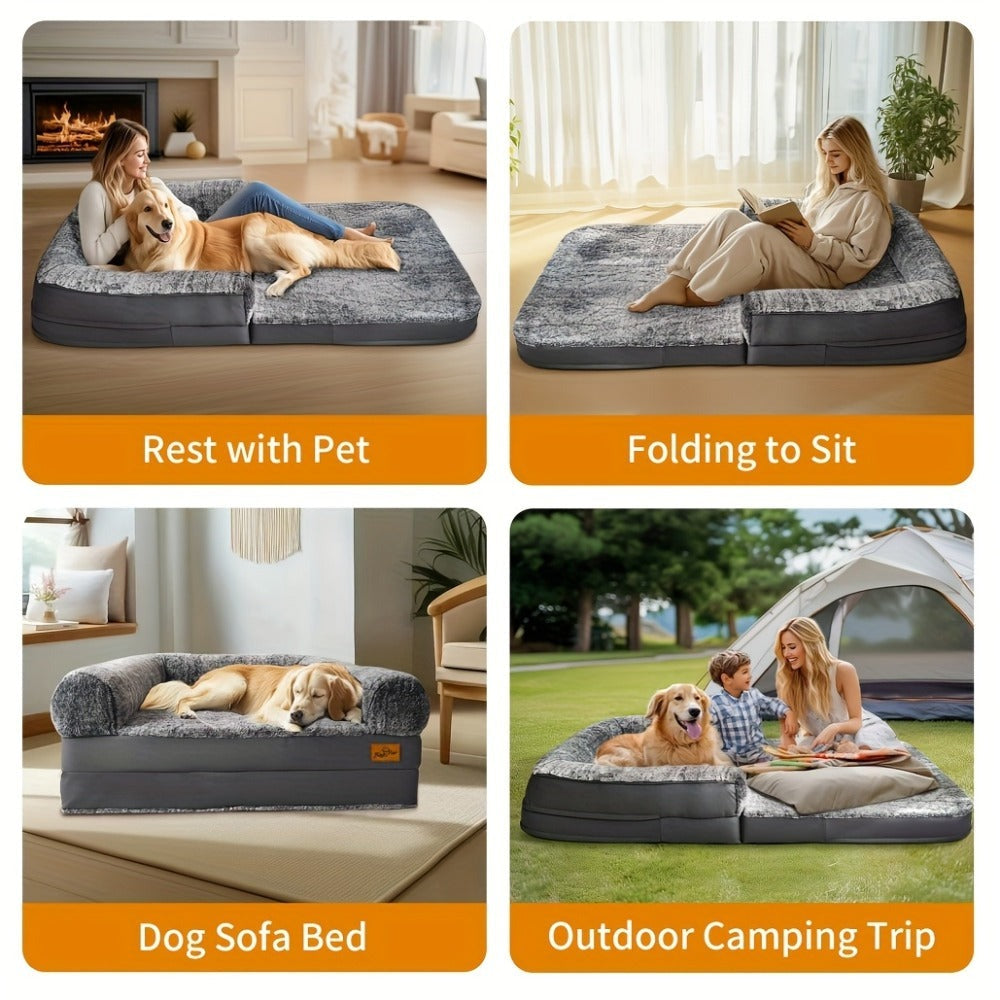 Cama Extra Grande para Perros Adecuada para Adultos | Cama Ortopédica para Siesta con Piel Sintética Lavable | Plegable y Portátil, Adecuada para Sala de Estar, Salón | Proporciona Espacio Amplio para Dormir para Adultos y Mascotas