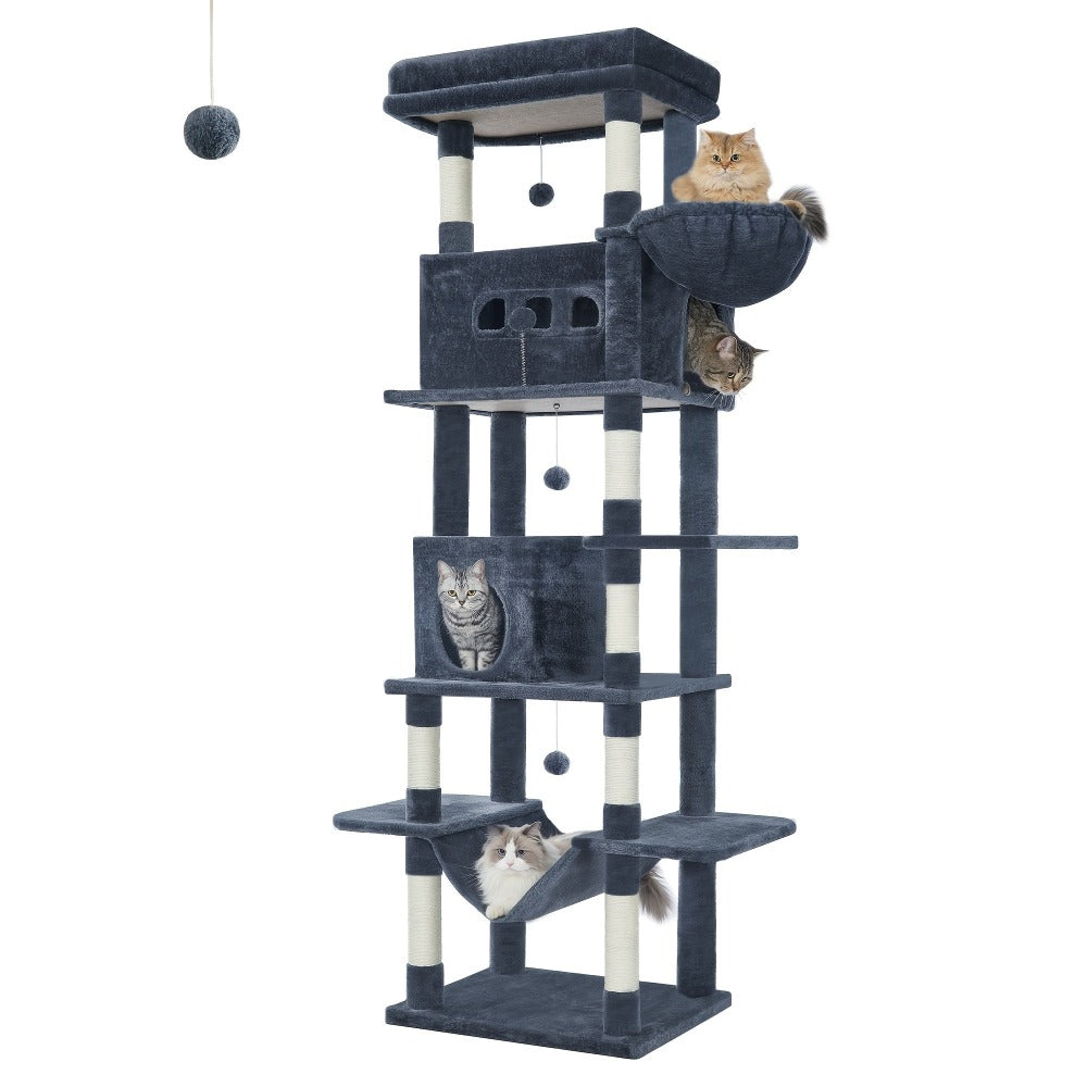 Rascador grande, árbol para gatos de 210 cm, con 8 postes rascadores, posadero, 2 cuevas, tapete lavable, hamaca, pelotas de felpa, rascador de varios pisos para gatos grandes, gris claro, gris oscuro
