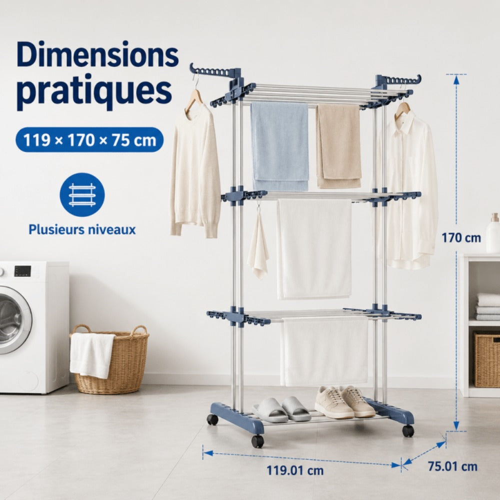 Tendedero grande, plegable y de varios niveles para exterior, portátil, apto para guardar ropa, toallas, artículos de tocador, azul, hecho de plástico