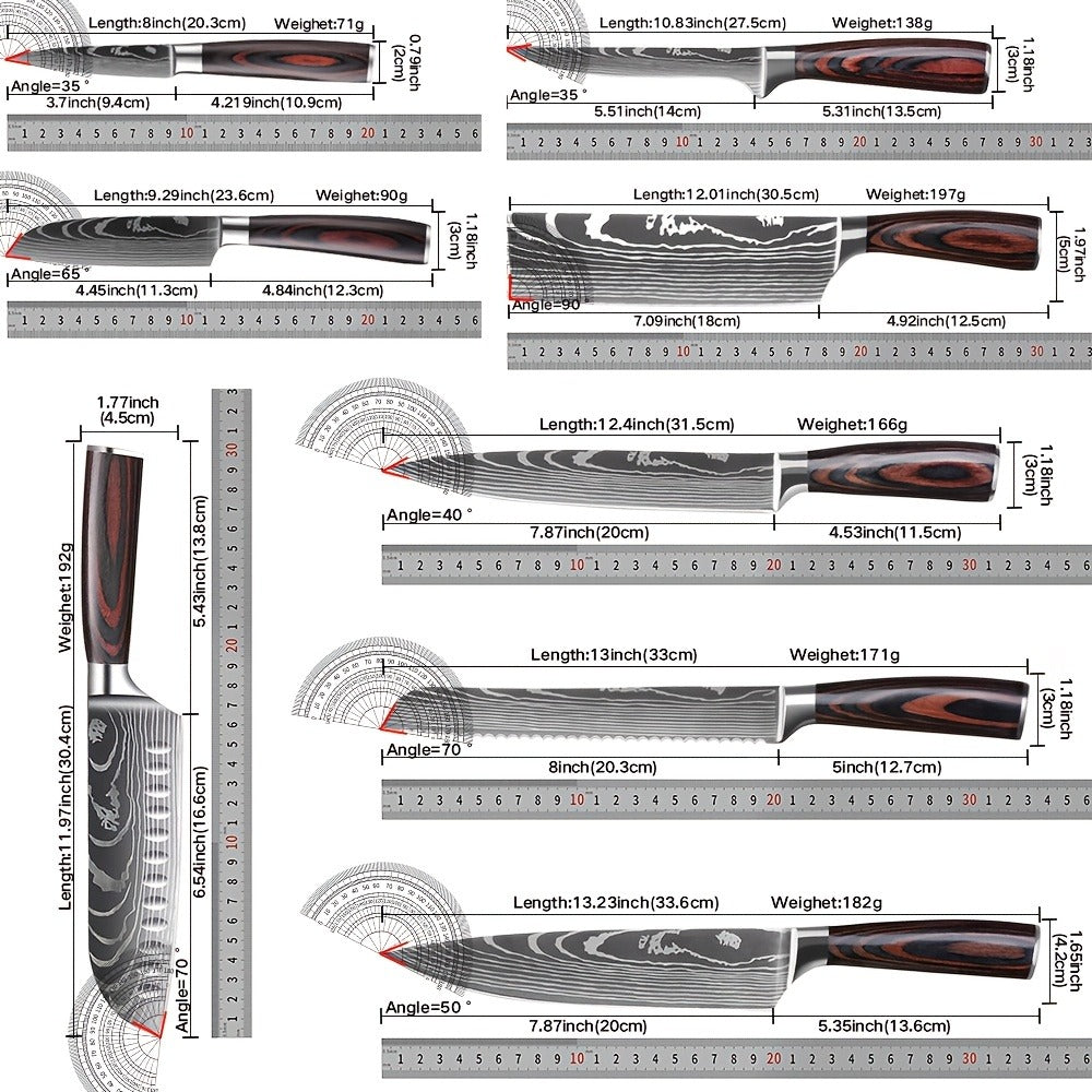 Juego de 8 cuchillos, Cuchillo de chef, Cuchillo de cocina universal, Acero inoxidable alemán, Mangos ergonómicos de Pakkawood para restaurante doméstico