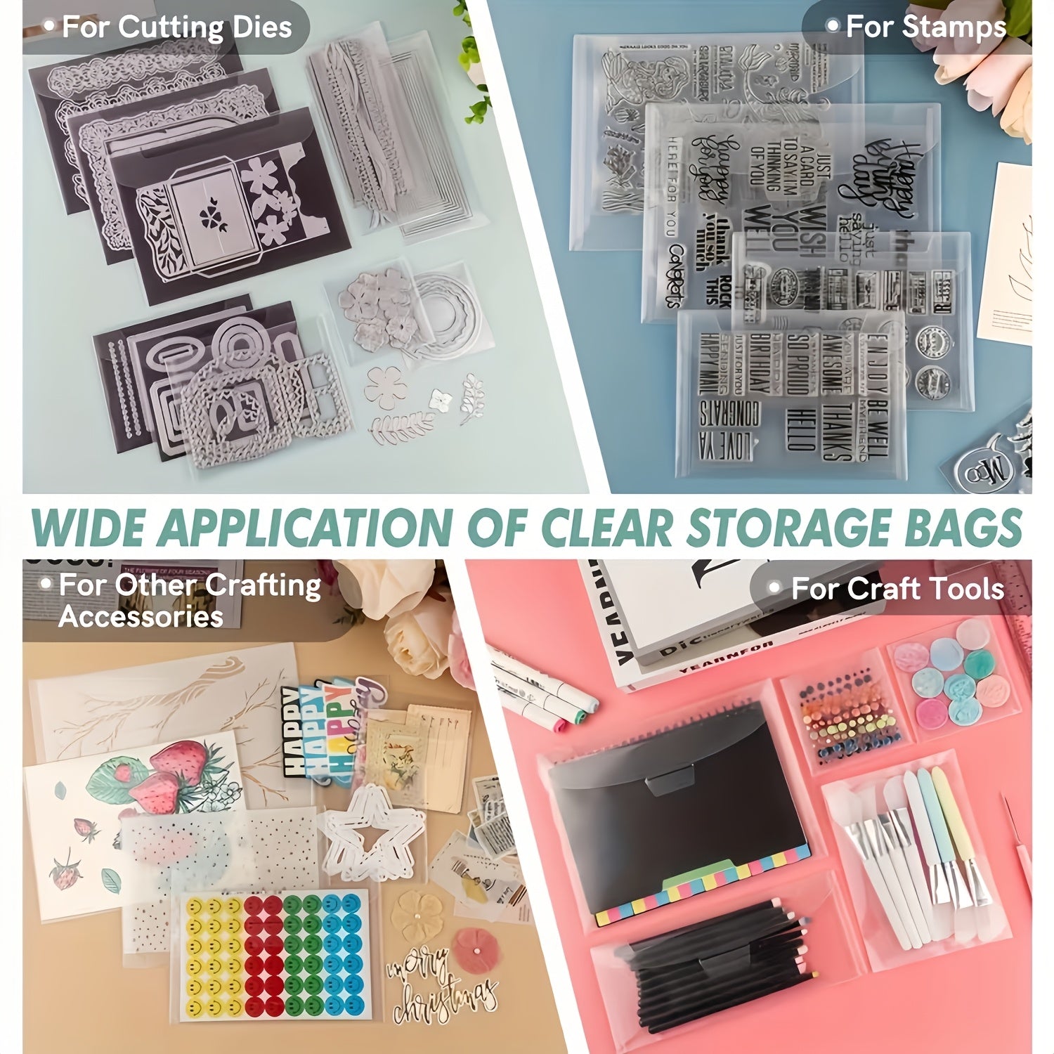 Bolsas de almacenamiento para 50/100 sellos y moldes con láminas magnéticas de goma, con una grosor de 0.5 mm. Estos sobres transparentes, que miden 19 x 14 cm, son ideales para organizar artículos hechos a mano y son perfectos para manualidades y artes.