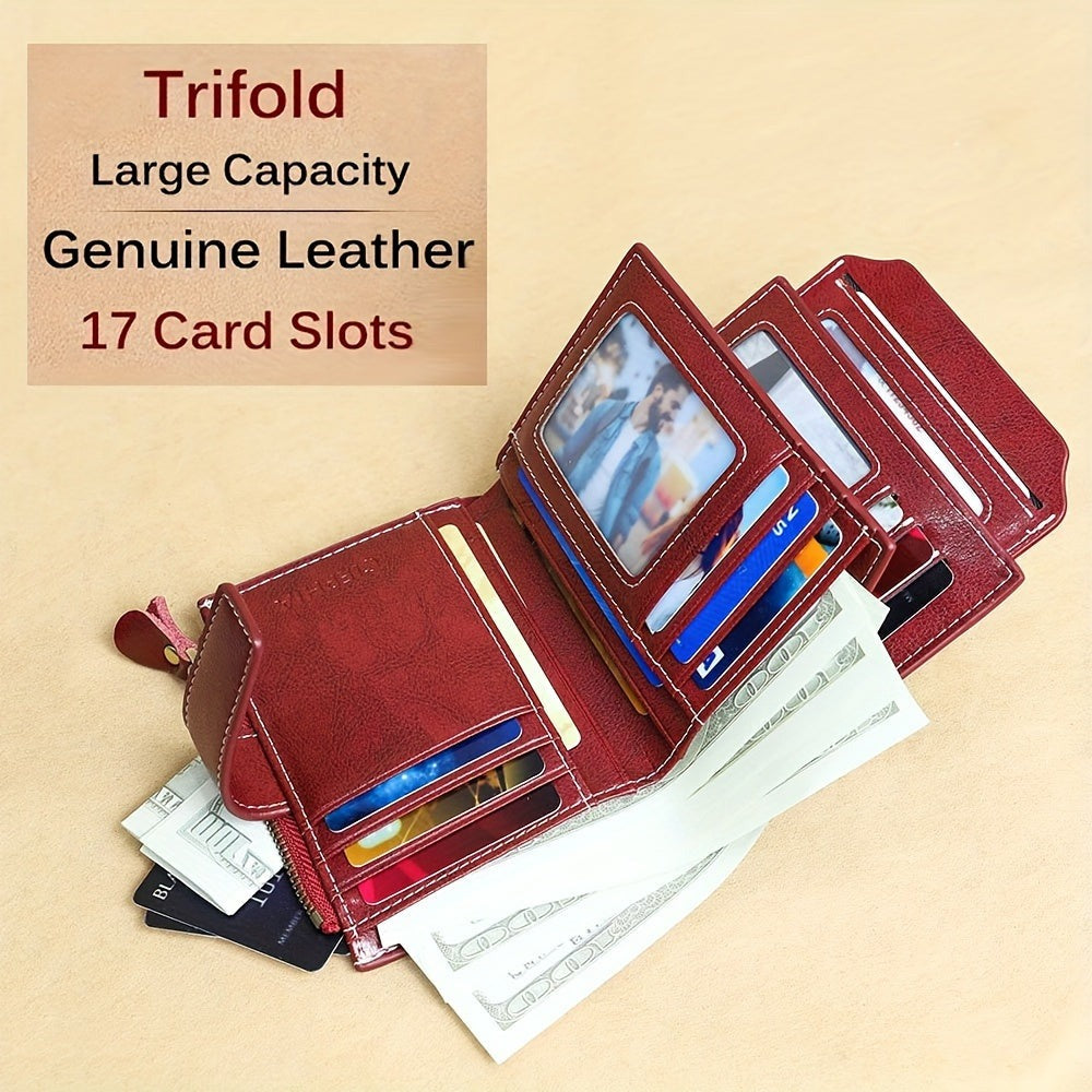 Monedero Ciephia de Cuero Genuino con Bloqueo RFID - Rojo Compacto con Detalles Dorados, 14 Ranuras para Tarjetas, Ventana Extraíble para DNI y Bolsillo con Cremallera para Monedas, Regalo Casual para San Valentín o el Día de la Madre, Apto para Hombres y