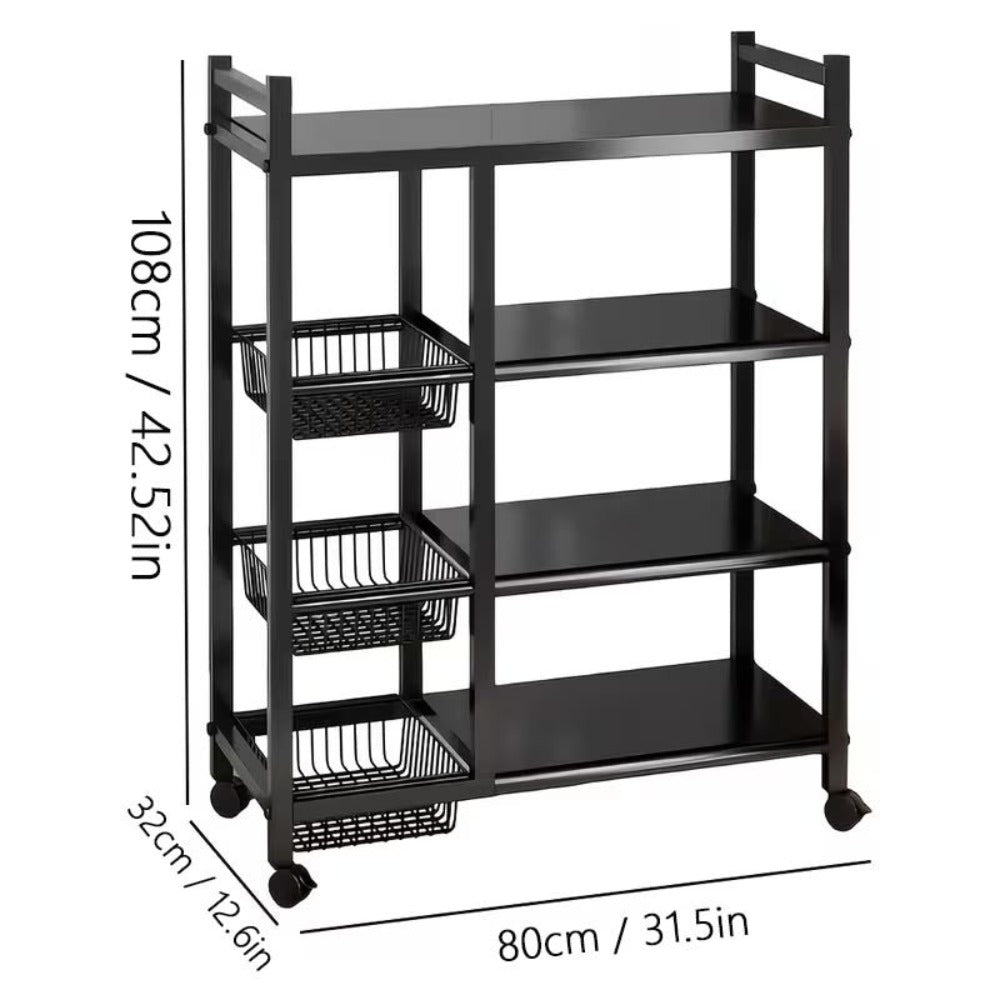Estantes de cocina verticales ajustables, estantes abiertos de cuatro niveles con tres cestas de malla metálica, estantes de almacenamiento con poleas, estantes de organización de almacenamiento de cocina de gran capacidad, adecuados para cocinas, salas d