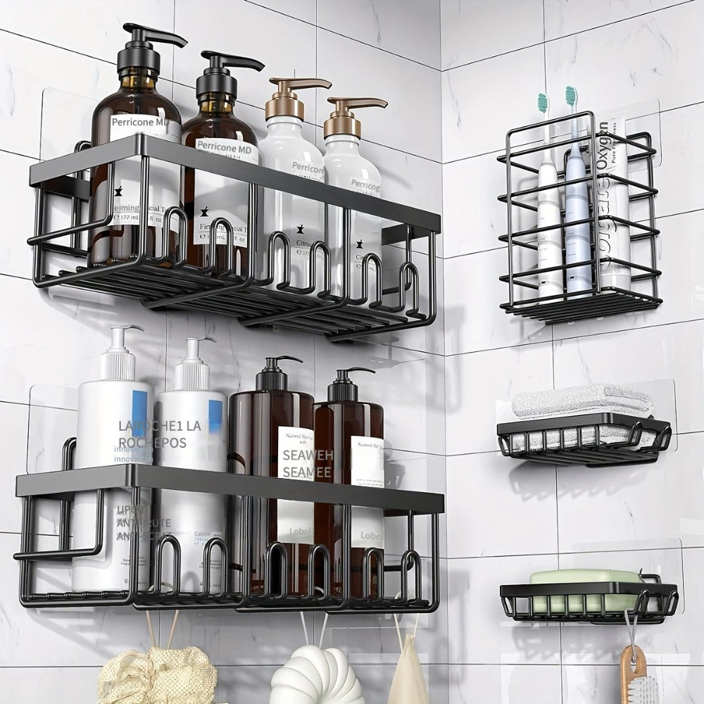 Organizador de ducha adhesivo, paquete de 5 organizadores de baño de acero inoxidable inoxidable a prueba de óxido de gran capacidad, estantes sin taladrar para almacenamiento de baño y decoración del hogar, propiedades de color aleatorio a elegir, organi