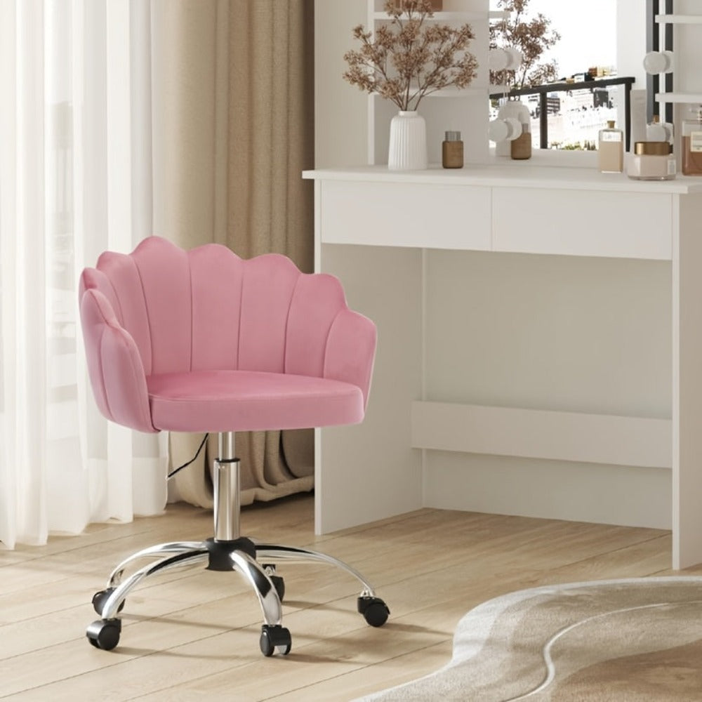 1 Silla de oficina para el hogar, Silla de escritorio, Silla de maquillaje, Silla de terciopelo con respaldo en forma de pétalo - Cómoda y hermosa, Silla giratoria con ruedas, Altura de silla ajustable, Base de metal, Fácil de montar