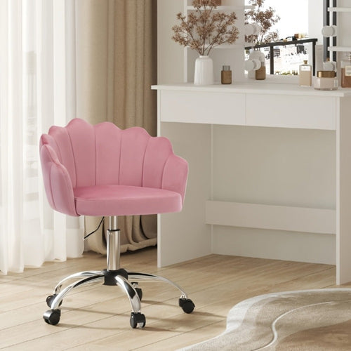 1 Silla de oficina para el hogar, Silla de escritorio, Silla de maquillaje, Silla de terciopelo con respaldo en forma de pétalo - Cómoda y hermosa, Silla giratoria con ruedas, Altura de silla ajustable, Base de metal, Fácil de montar