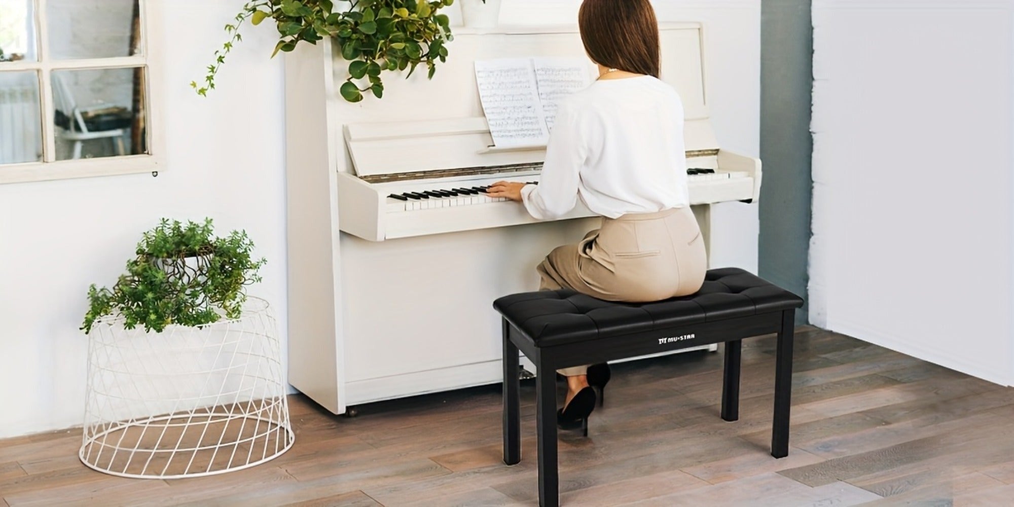 Banqueta para Piano MUSTAR de 74 cm con Almacenamiento - Taburete de Madera Maciza, Tapizado en Piel Sintética Suave y Compartimento Abatible para Teclados Digitales, Decoración del Hogar, Banqueta de Tocador -