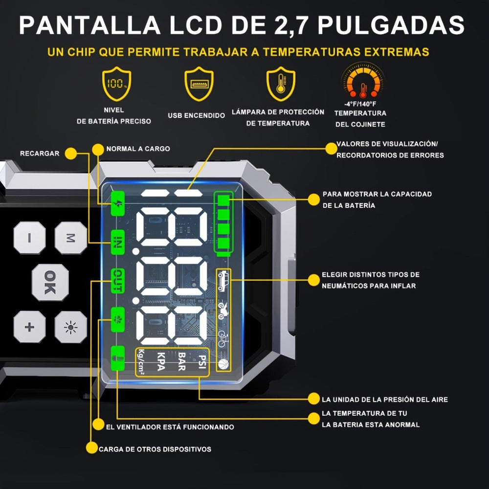 Arranque de coche con compresor de aire e inflador de neumáticos inalámbrico, arrancador de batería de 12000A con banco de energía y linternas LED, caja de arranque automático de 12V para todos los vehículos de gasolina o diésel de 10.0L con estuche de tr