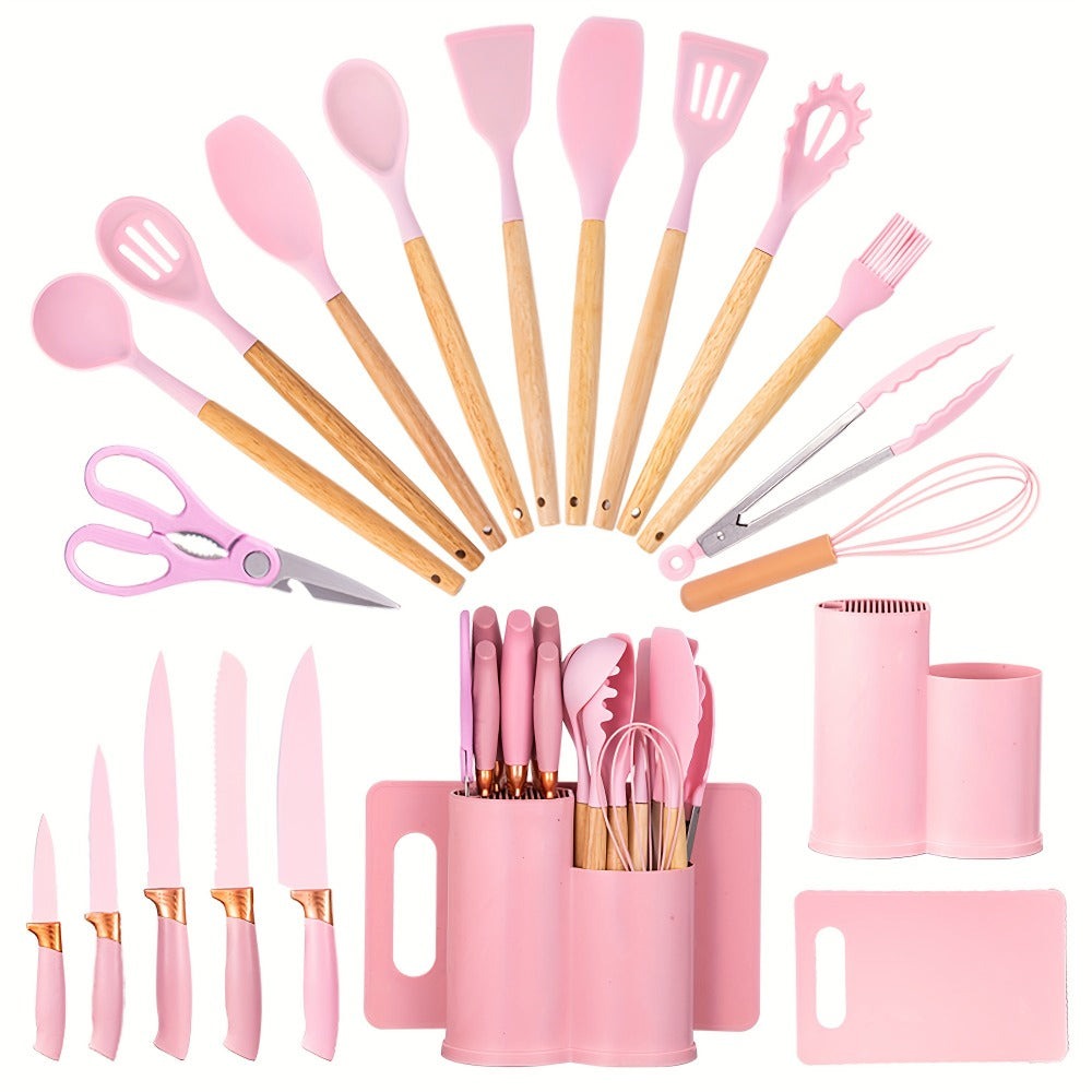 Juego de 19 piezas de cuchillos de cocina modernos y utensilios de cocina - Colección de hojas profesionales con mangos ergonómicos - Accesorios de cocina de alta calidad con soporte de almacenamiento - Herramientas de corte de espiga completa y esenciale
