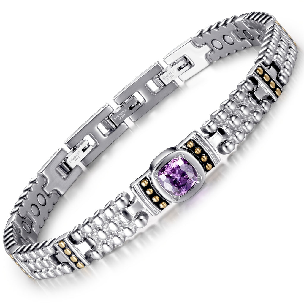 Pulsera magnética de 3500 Gauss para mujeres, piedra púrpura elegante incrustada en acero inoxidable, diseño único, con 3 hebillas inteligentes, longitud ajustable, viene con herramientas de extracción y caja de regalo exquisita