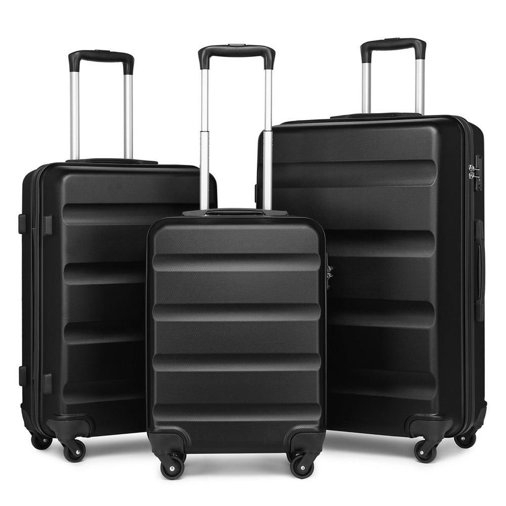 3 piezas de conjunto de maleta negra Diseño horizontal ABS carcasa dura con cerradura TSA rueda giratoria