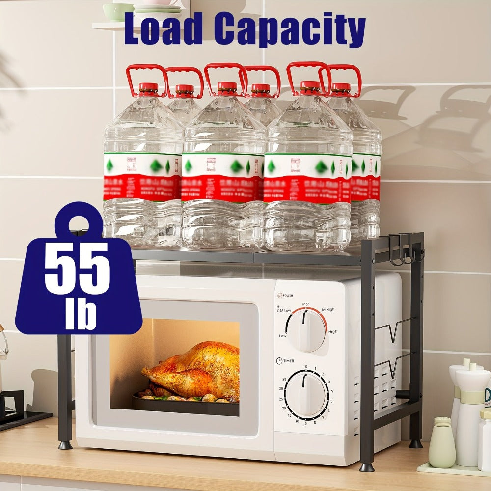 Estantería Negra Extensible para Cocina - Estante Ajustable de 2 Niveles con 6 Ganchos, Organizador Metálico para Encimera y Utensilios, Ahorra Espacio, 40-65cm, Fácil Montaje, Sin Madera, Diseño Moderno, Soporte para Utensilios, Estilo Metálico Elegante