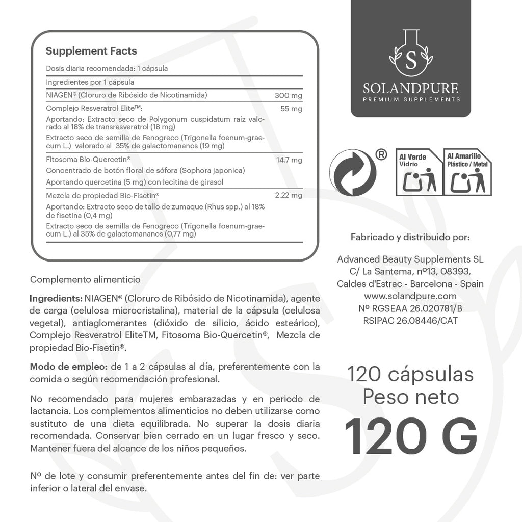 Complementos alimenticios | NAD + Resveratrol 99% y Quercetina | 120 Cápsulas Vegetales | Solandpure®
