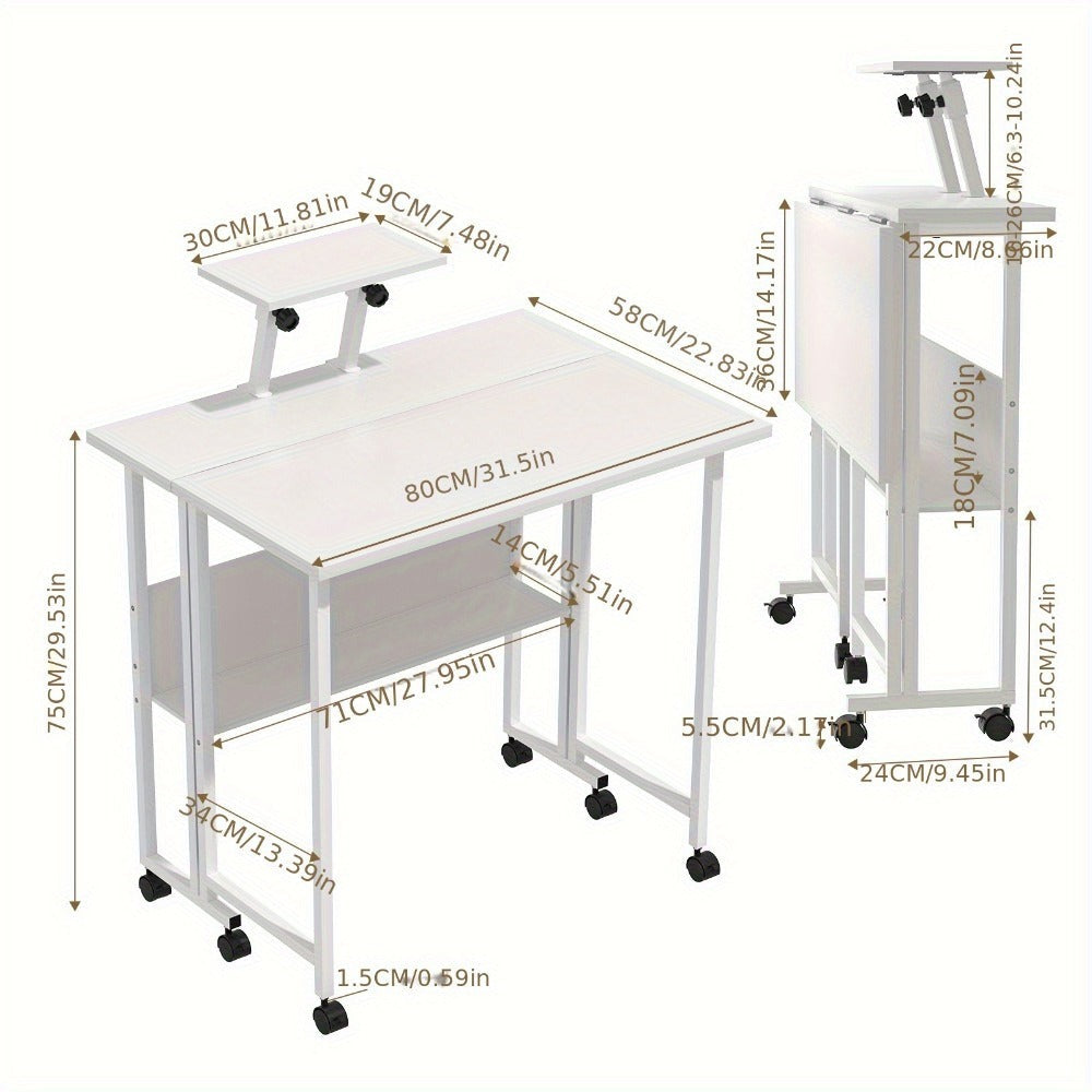 Escritorio Plegable, Escritorio para Computadora con Ruedas y Estantes de Almacenamiento, Escritorio Compacto Ahorrador de Espacio, 80x58x75cm