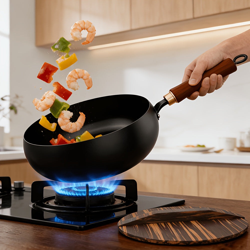 Sartén de hierro fundido duradera, fondo redondo, sartén de hierro forjado sin recubrimiento, fácil de limpiar, apta para estufas de inducción y gas, utensilios de cocina multifuncionales, apta para el hogar, restaurante y camping al aire libre, incluye t
