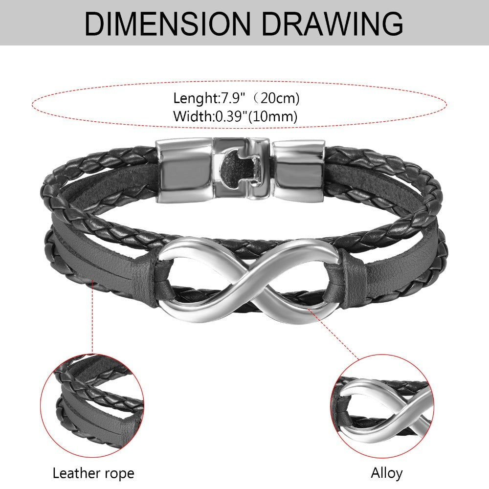 Pulsera de Cuero PU Trenzado con Símbolo Infinito para Hombres y Mujeres - Brazalete en Forma Infinity, Estilo y Blanco Regalo Joyería Unisex Para Boda/Aniversario/Accesorio Punk (Sin Metal, Uso Todo el Año)