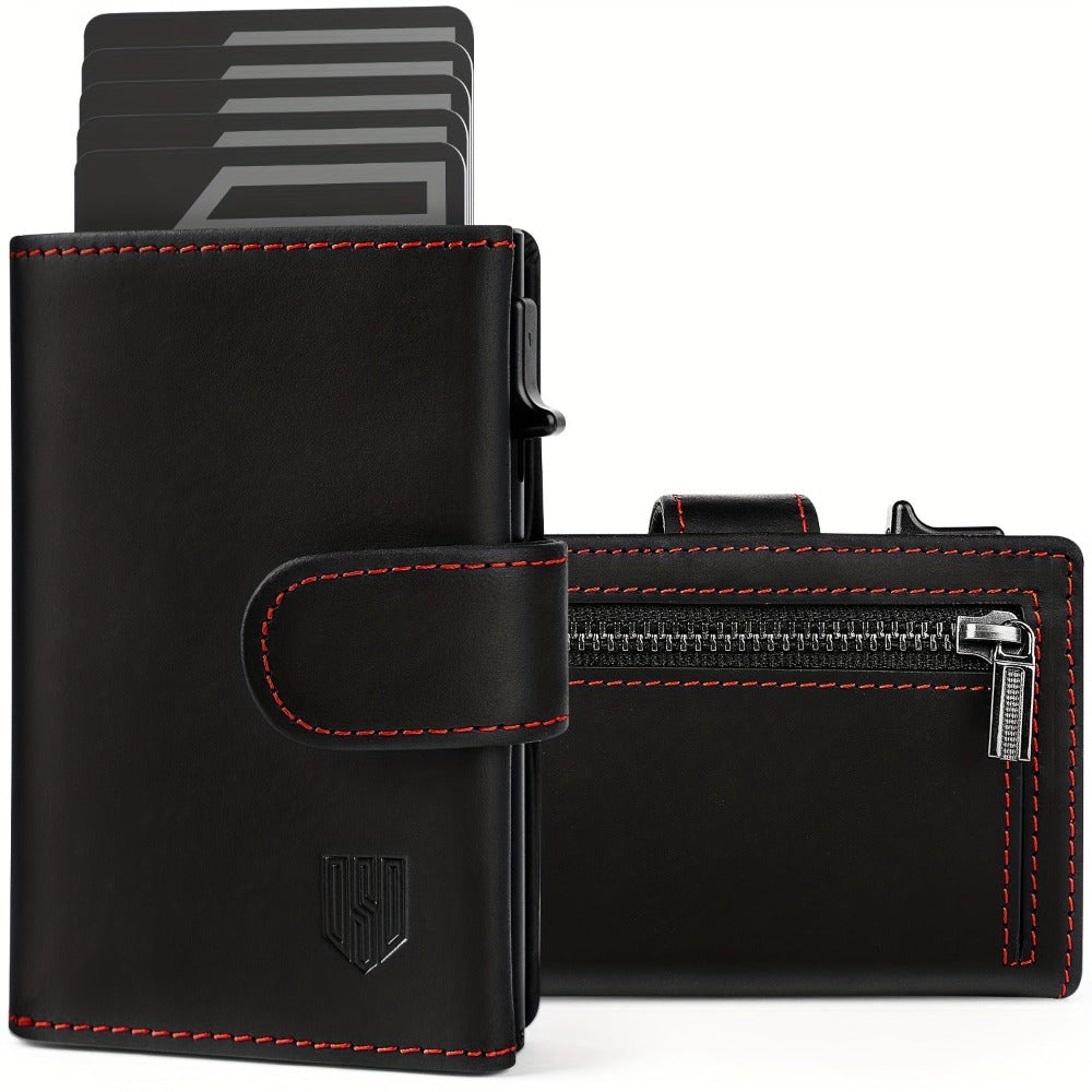 Cartera para hombre con bloqueo RFID, tarjetero con expulsión automática, bolsillo para monedas y ventana para identificación - Elegante carcasa de aluminio , capacidad para 8-10 tarjetas, estilo de negocios, perfecta como regalo de Navidad para hombres