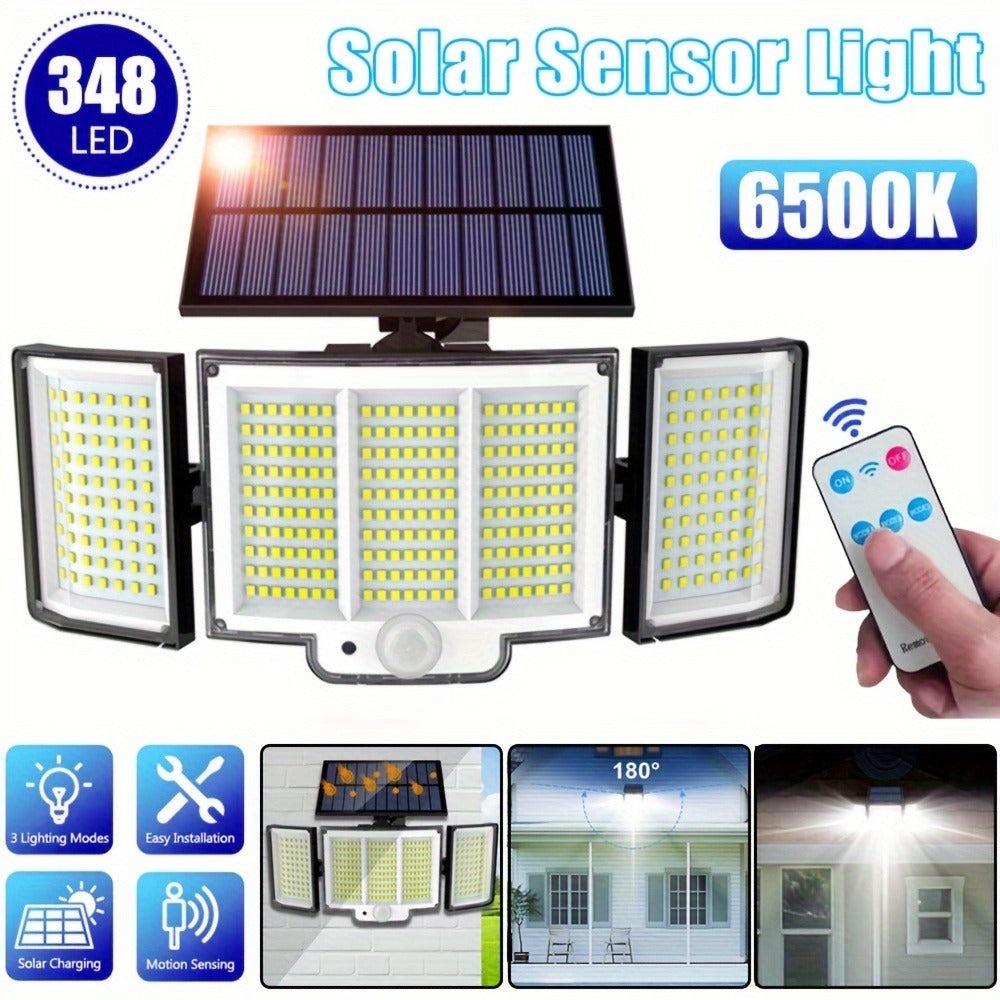 2 luces solares de pared para exteriores, 348 LED, con sensor solar y control remoto, luces plegables ultra brillantes de 3 cabezales para exteriores, focos de jardín sin cableado, para calles comerciales, luces de garaje y luces de emergencia en entradas