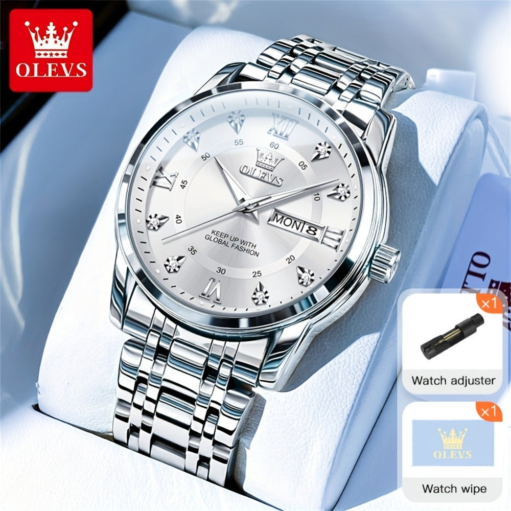 OLEVS Reloj de Lujo para Hombre, Diseño Elegante de Negocios con Diamantes de Imitación, Cuarzo Clásico de Acero Inoxidable para Hombre, Calendario Diurno Luminoso, Ideal para Regalos Románticos, Disponible en Esfera Azul/Negro/Blanco/Dorado