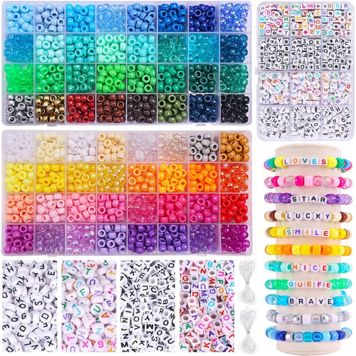 2350 piezas, 64 colores, kit de cuentas pony para hacer pulseras, kit de pulseras de la amistad con cuentas Kandi arcoíris, cuentas con letras y cordón elástico para hacer pulseras y collares, set para niñas product image