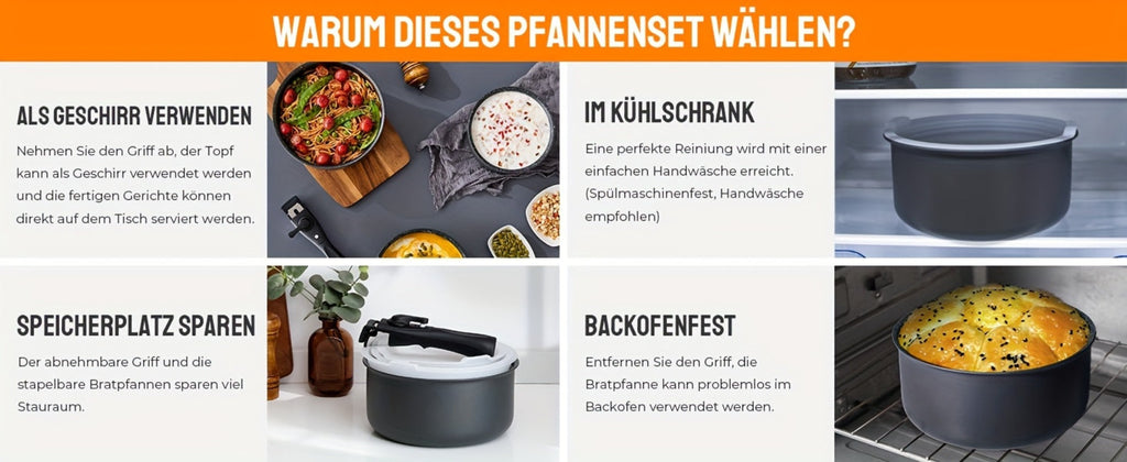 Juego de sartén antiadherente para inducción de 7 piezas con sartenes de 1.5, 2 y 3Qt + 3 tapas para nevera y mango extraíble, sin PFOA - Accesorios aptos para lavavajillas para todas las cocinas (gas, eléctrica, halógena, cerámica)
