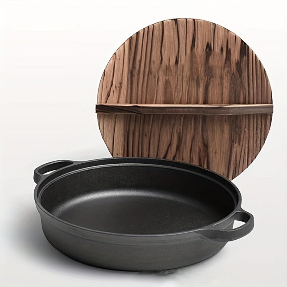 Olla de hierro fundido de 25CM con doble asa y tapa de madera, material de hierro fundido de alta calidad, conducción de calor uniforme, compatible con vaporización, fritura, estofado y hervido, apta para cocinas de inducción, estufas de cerámica y fuego