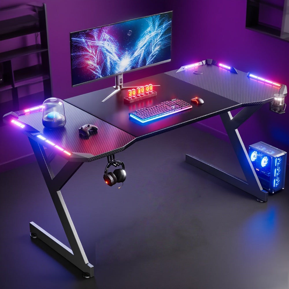 Escritorio gaming resistente en forma de Y con luces LED RGB duales, mesa de ordenador con portavasos y gancho para auriculares, superficie ergonómica de fibra de carbono, mesa para gamers para oficina en casa, dormitorio, negro