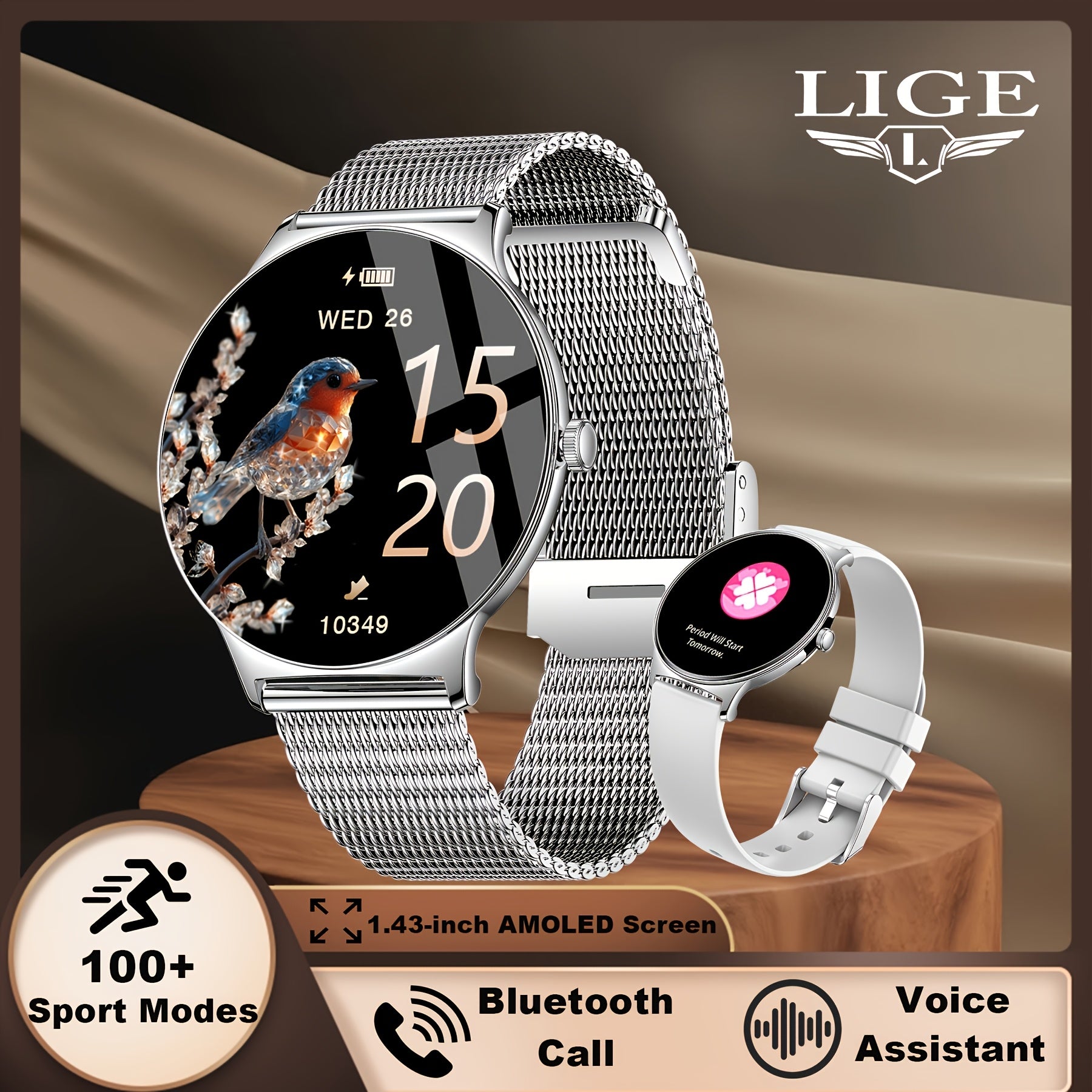 LIGE Smartwatches Diseñados para Mujer con Pantalla Táctil AMOLED de 1.43 Pulgadas, Capaces de Hacer y Recibir Llamadas, un Smartwatch Fitness con Más de 100 Modos Deportivos, un Podómetro, Notificaciones de Mensajes de Texto, Control de Música y Cámara