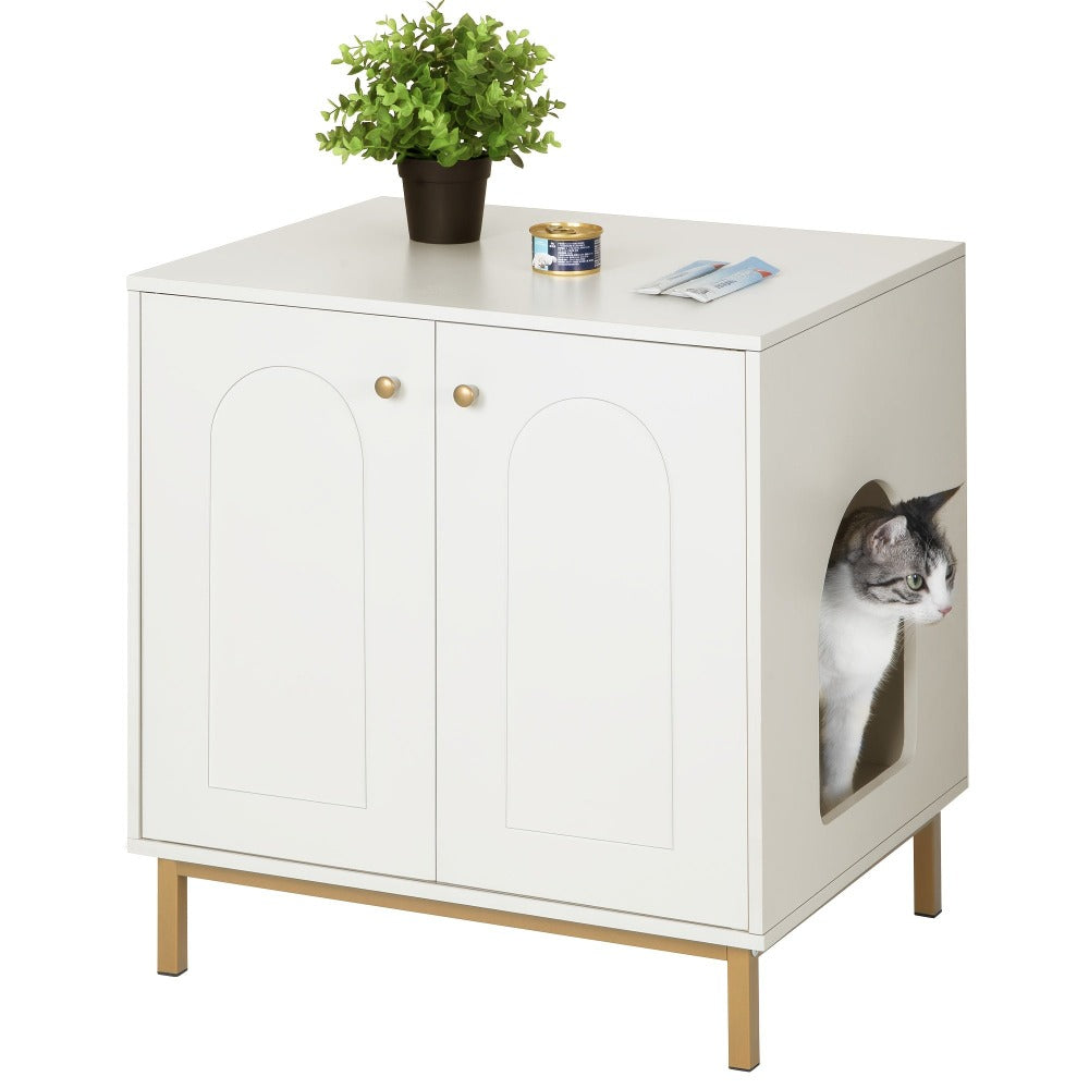 Gabinete para Gatos, Caja de Arena para Gatos, Casa para Gato con Puerta, Mesa Auxiliar de Madera para la Casa del Mascota, 50 X 60 X 61cm, Gabinete Estable para Gatos, Blanco y Dorado