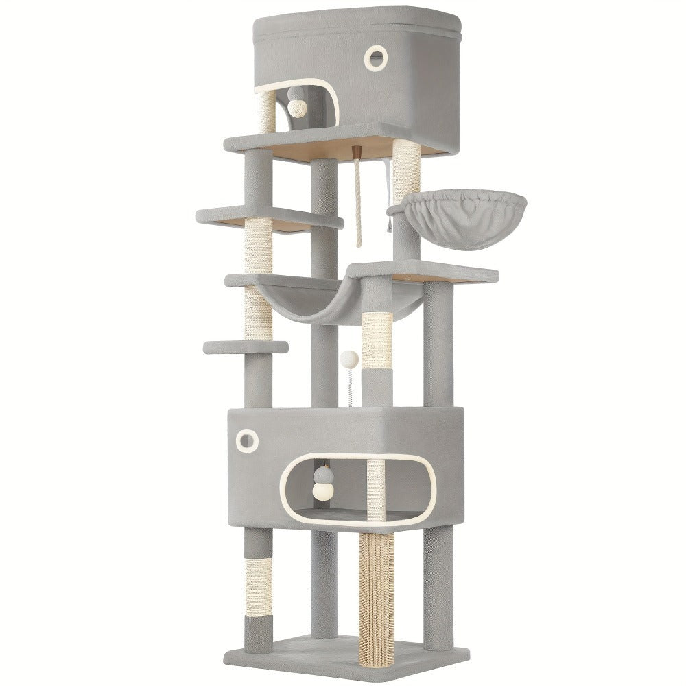 Árbol para Gatos, 203 cm con Plataforma Grande, Cueva Doble, 7 Postes Rascadores Pomponas Reposadería Hamaca Adecuado Para Todo TipodeGato Gris Claro/grisescuro Beige