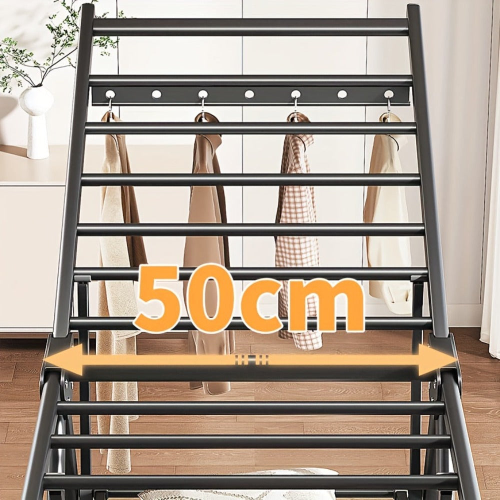 Perchero Plegable de Aluminio Resistente con Estante para Zapatos - Diseño en 3 Segundos, Altura Ajustable, 4 Ruedas para Uso Interior/Exterior, Montaje Sin Herramientas, Estabilidad en Forma de A, Ahorro de Espacio Gris, Secado de Ropa Portátil, Construc