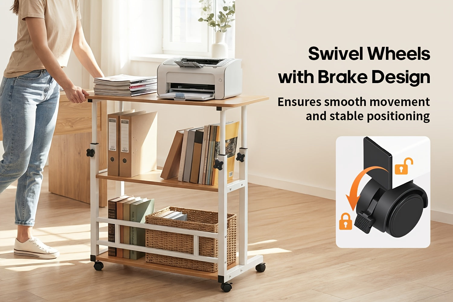 Escritorio | Escritorio de pie de altura ajustable, escritorio móvil con ruedas universales, almacenamiento de doble capa, estable y cómodo, mesa