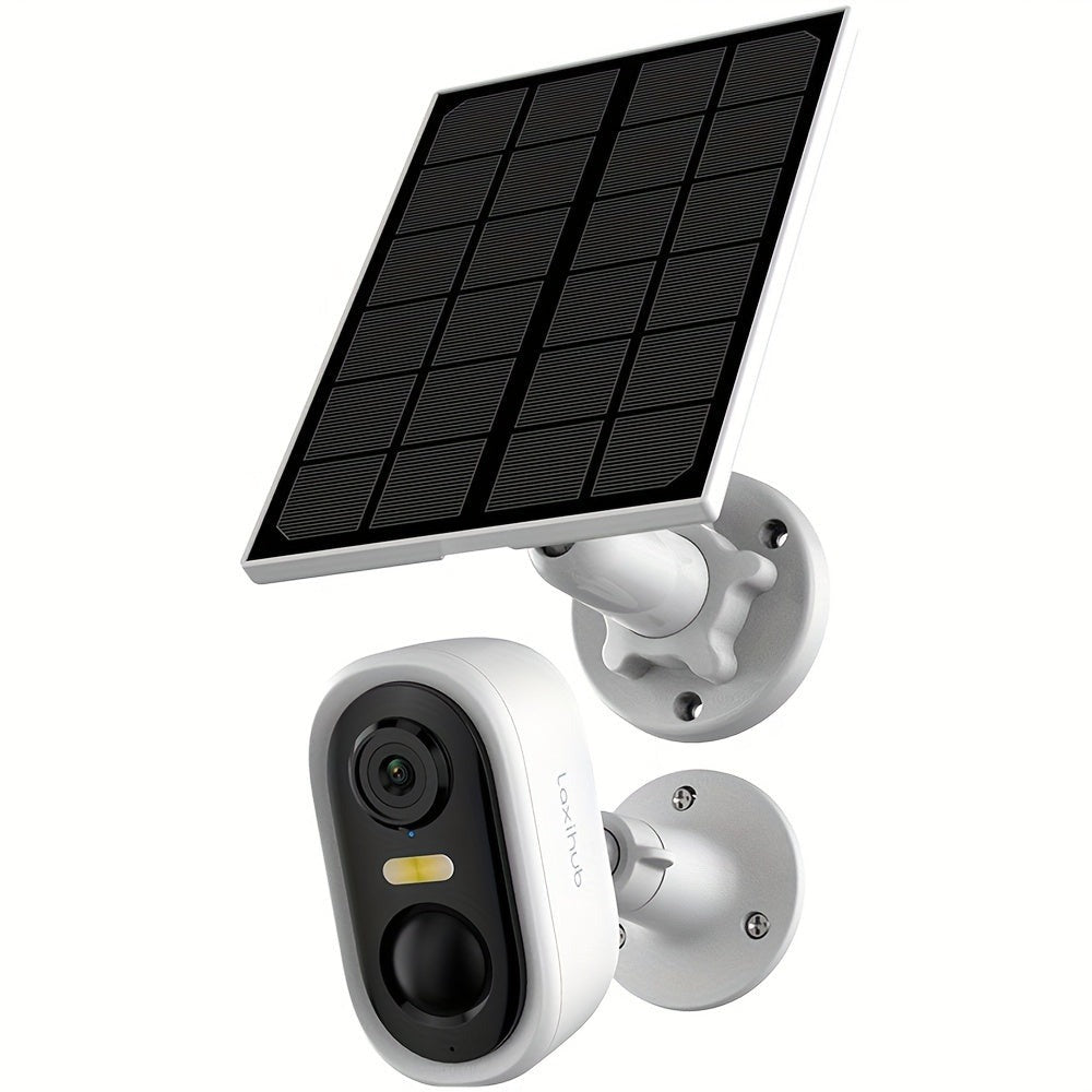 Cámara de seguridad inalámbrica para exteriores con energía solar Laxihub, resolución de video de 3MP, cámara CCTV alimentada por batería para seguridad en el hogar, alimentada por batería sin cables con energía solar, detección de movimiento con IA, foco