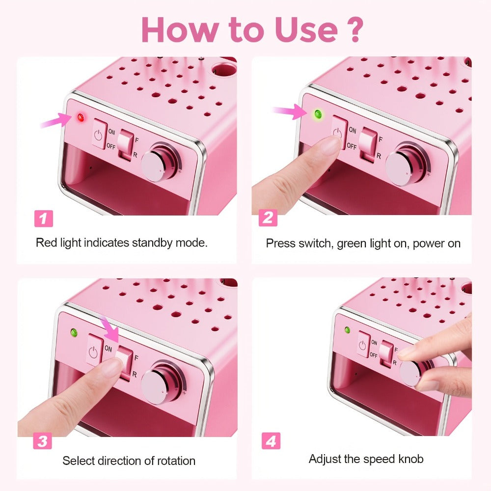 Kit Portátil de Lima Eléctrica para Uñas con 20,000 RPM, Múltiples Brocas y Tiras Pulidoras Para Remover Acrílico o Gel en Salón u Hogar - Rosa