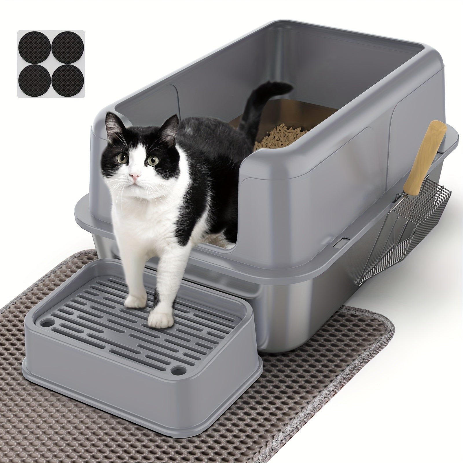 Bandeja de arena para gatos XXL de acero inoxidable con recinto desmontable, gran capacidad de 32L, incluye tapete XXL para arena de gato, pala metálica y escaleras para gatos mayores, apta para todos los gatos
